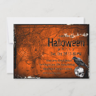 Grunge-Halloween-Spinnennetze, Rabe und Totenkopf Einladung