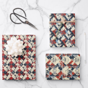 Grunge Harlequin Diamond Pattern Red and Navy Geschenkpapier Set