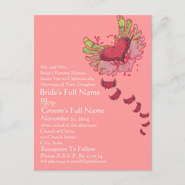 Grunge Herz Himbeere Pink Hochzeitseinladung Einladungspostkarte (Vorderseite)