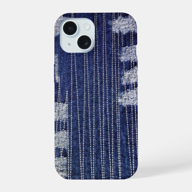 Grunge Indigo Denim mit dekorativem Stitching iPhone 15 Hülle (Rückseite)