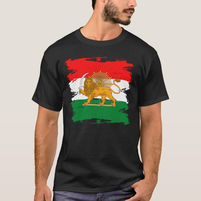 Grunge iranische Flagge mit Loin Emblem-Logo T-Shirt (Vorderseite)