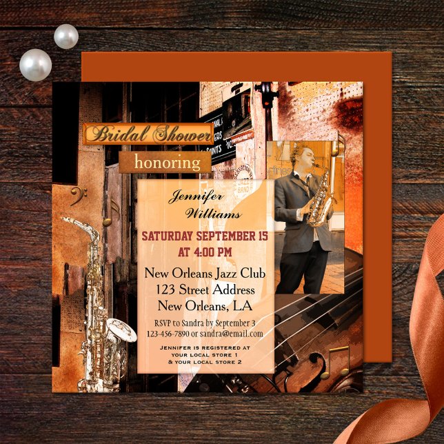 Grunge Jazz Music Bridal Dusche Einladung (A bridal shower invitation in a grunge retro poster style with a music theme.)