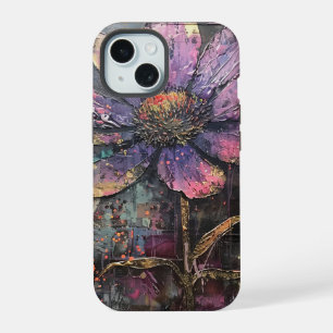 Grunge Lila Daisy Abstrakt Art Monogram iPhone 15 Hülle