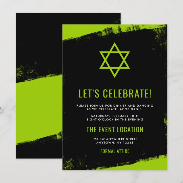 Grunge Lime Green Black Bar Mitzvah Empfang Einladung (Vorne/Hinten)