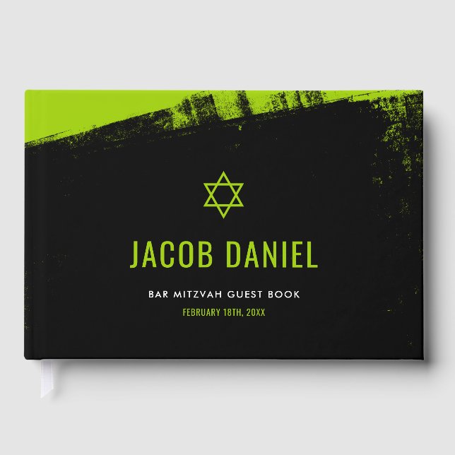 Grunge Lime Green Black Bar Mitzvah Gästebuch (Vorderseite)