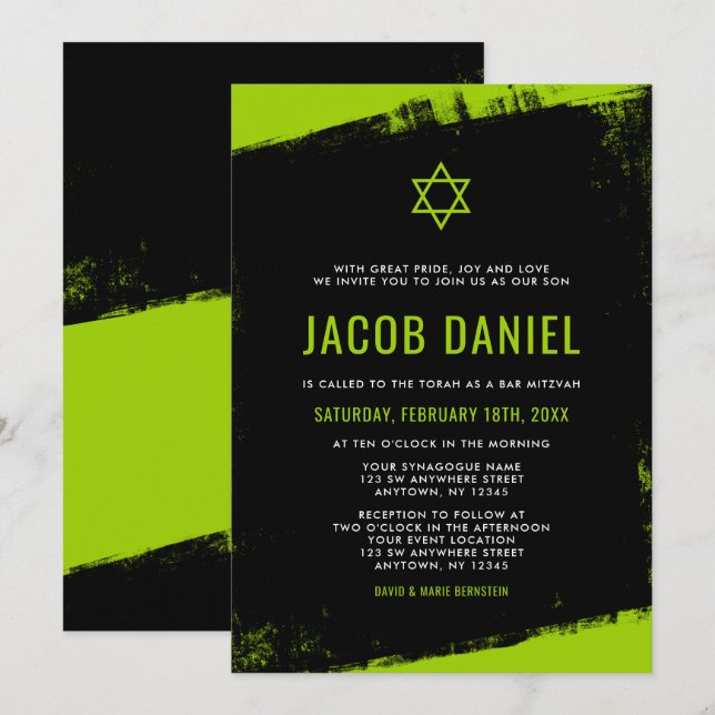 Grunge Lime Green Black Bar Mitzvah Invitations (Devant / Derrière)