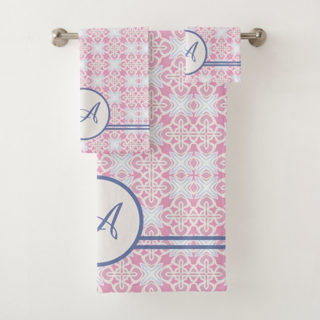 Grunge Monogram | Elegantes rosa und blaues Muster Badhandtuch Set (Insitu)