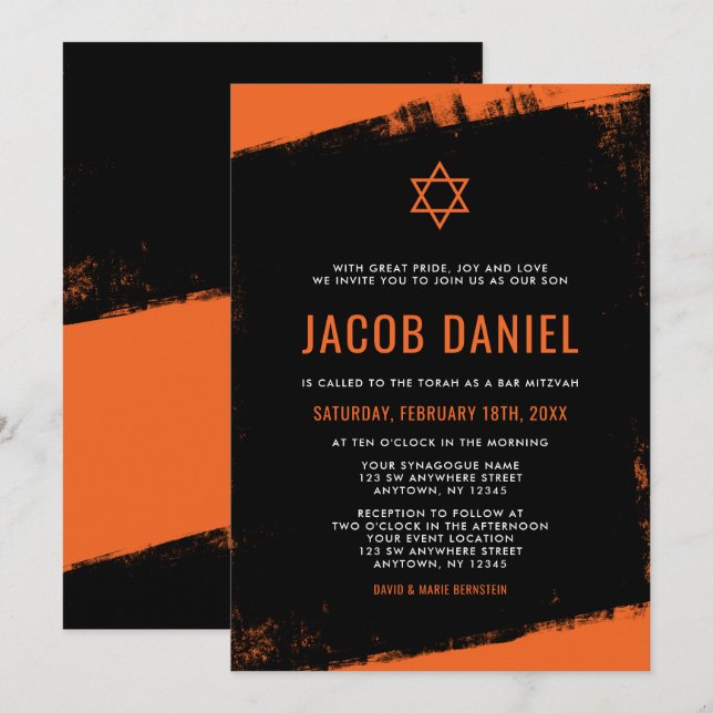 Grunge Orange Black Bar Mitzvah Einladung (Vorne/Hinten)