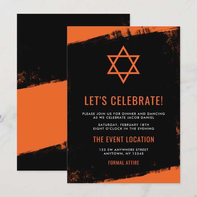 Grunge Orange Black Bar Mitzvah Empfang Einladung (Vorne/Hinten)