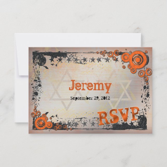 Grunge Orange, Noir, Barre Grise Mitzvah Carte RSV (Devant)