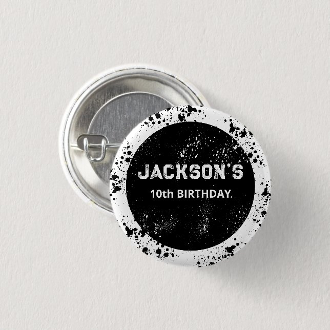 Grunge Paint Splatter Black & White Birthday Button (Vorne & Hinten)