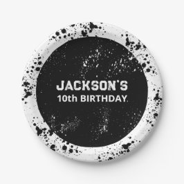 Grunge Paint Splatter Black & White Birthday Pappteller