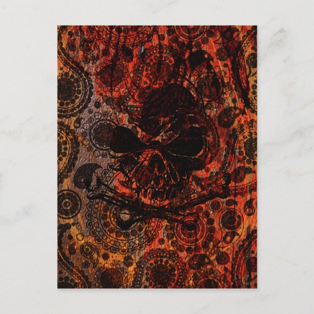Grunge Paisley und Feuerschädel und Kreuze Postkarte (Vorderseite)