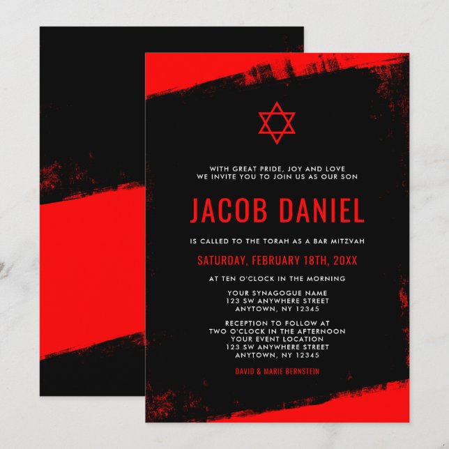 Grunge Red Black Bar Mitzvah Invitations (Devant / Derrière)