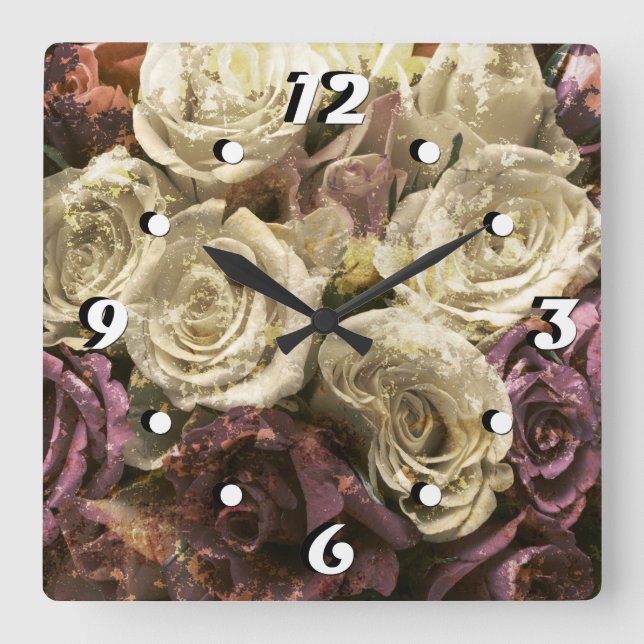 Grunge, Rose, Foto Quadratische Wanduhr (Vorderseite)