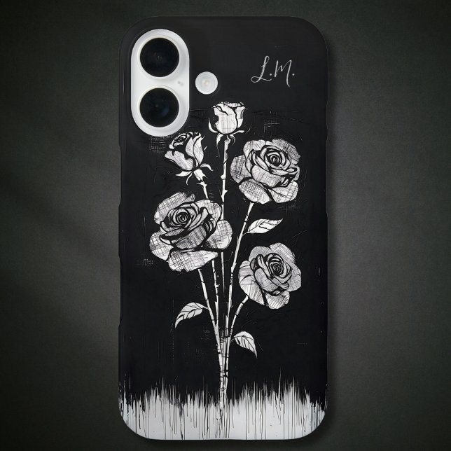 Grunge Rose Schwarz-weiß Monogramm Individuelle Na iPhone 16 Hülle (Von Creator hochgeladen)