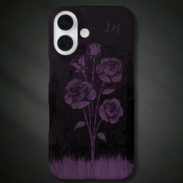 Grunge Rose Schwarzer Lila Monogramm-Individuelle  iPhone 16 Hülle (Von Creator hochgeladen)