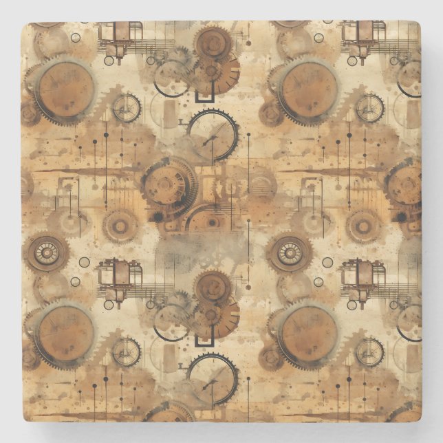Grunge Rustikale Steampunkuhr (1) Steinuntersetzer (Vorderseite)