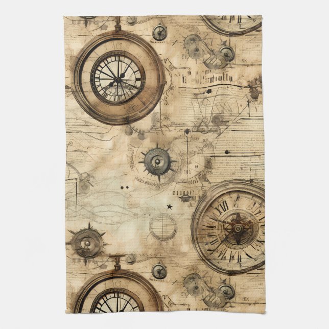 Grunge Rustikale Steampunkuhr (9) Geschirrtuch (Vertikal)