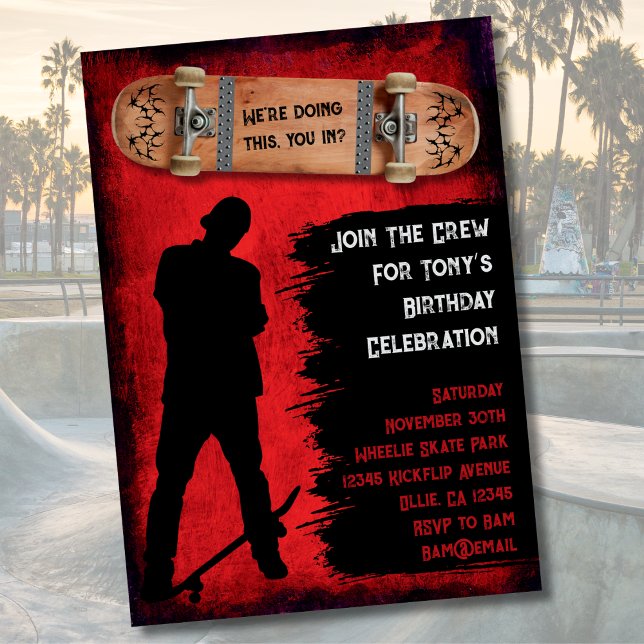 Grunge Skateboarding Geburtstagsparty Einladungen (Grunge Skateboarding Birthday Party Invitations)