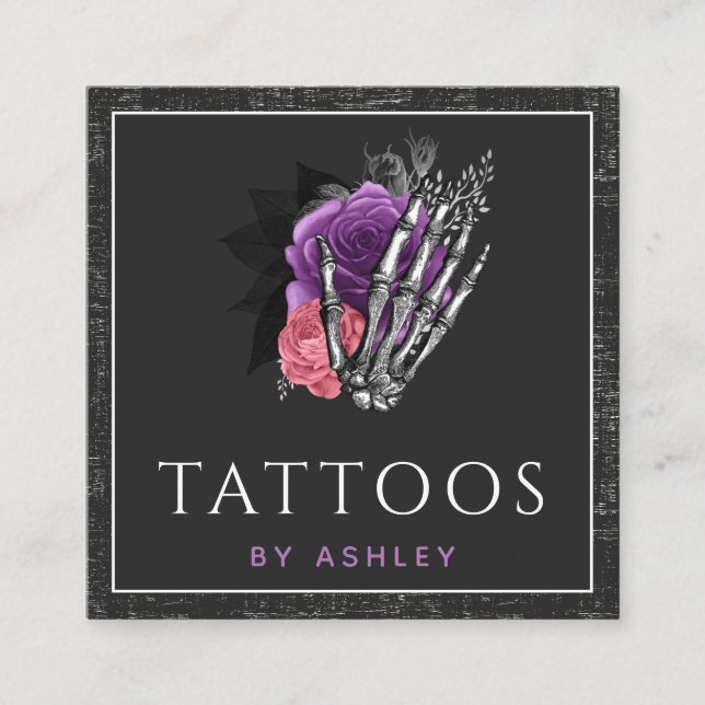 Grunge Skeleton Hand Floral Rose Tattoo Artist Quadratische Visitenkarte (Vorderseite)