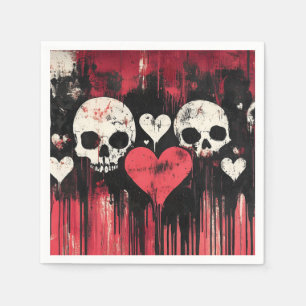 Grunge Skull and Hearts - Bold Red and Black Art Serviette