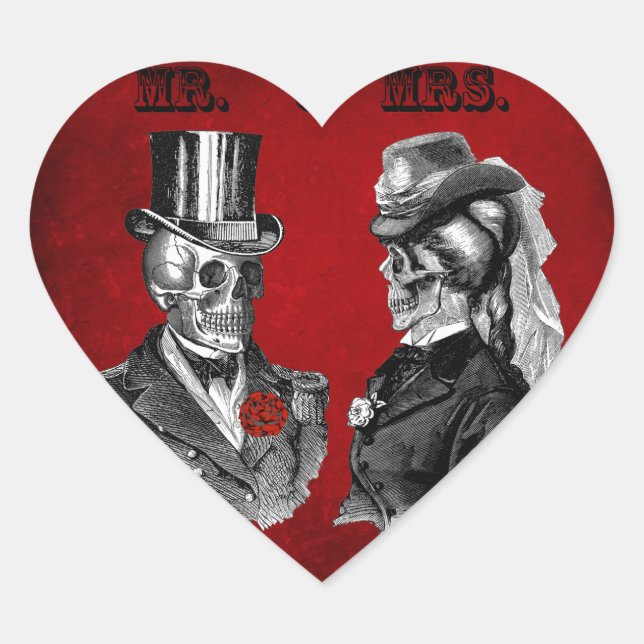 Grunge Skull Hochzeit & Jubiläum Party Herz-Aufkleber (Vorderseite)