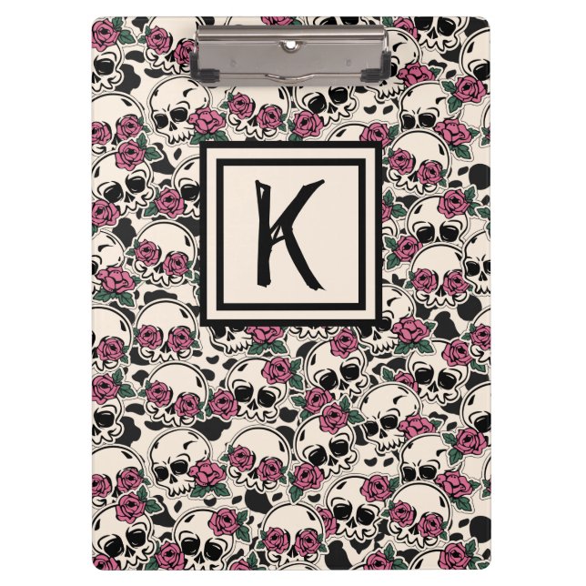Grunge Skull und Rose Mit Monogramm Zwischenablage Klemmbrett (Vorderseite)