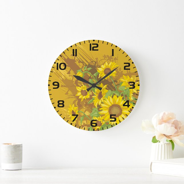 Grunge Sonnenblumen Kunst Bold Rustikal Gelbe Blüt Große Wanduhr (Von Creator hochgeladen)