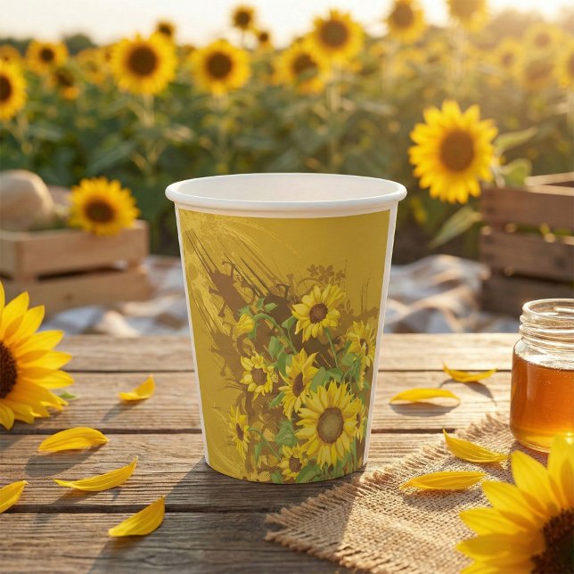 Grunge Sonnenblumen Kunst Bold Rustikal Gelbe Blüt Pappbecher (Von Creator hochgeladen)