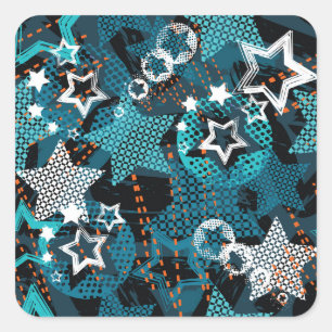 Grunge-Star-Muster, spielerisches Kinderdesign. Quadratischer Aufkleber