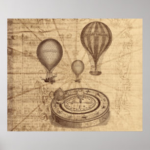 Grunge-Steampunk-Heißluftballons auf alter Karte Poster