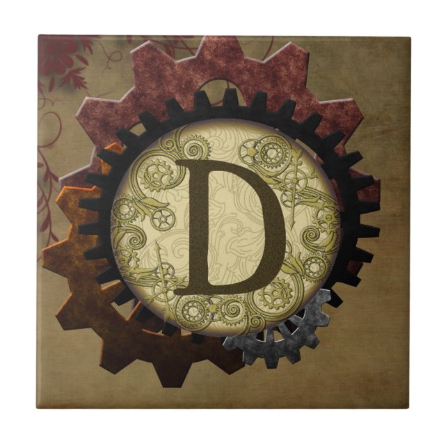 Grunge-Steampunk-Zahnräder Monogramm Buchstabe D Fliese (Vorderseite)