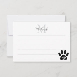 Grunge-Style Hundepfoten-Monogramm mit K-9-Linien Mitteilungskarte