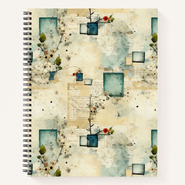 Grunge Teal Botanischer Rahmen Pergament Scrapbook Notizbuch (Vorderseite)