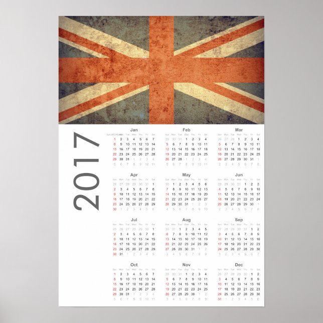Grunge UK Flag Calendar 2017 Poster (Devant)
