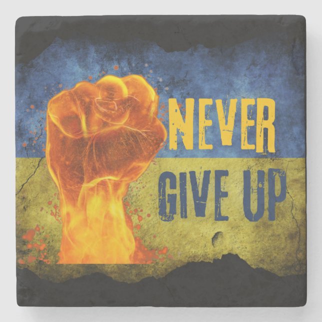 Grunge vergib nie die Ukraine mit Flammen Steinuntersetzer (Vorderseite)