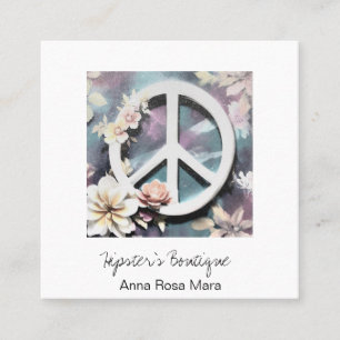 *~* Grunge Weiße Friedenszeichen Blumen  Boho QR A Quadratische Visitenkarte