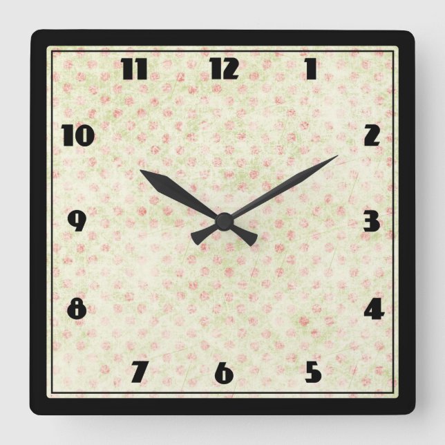 Grunge yellow background with faded red polka dot quadratische wanduhr (Vorderseite)
