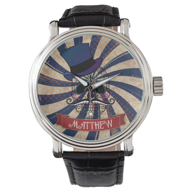 Grunge Zirkus Zucker-Schädel-Ringmeister Personali Armbanduhr (Vorderseite)
