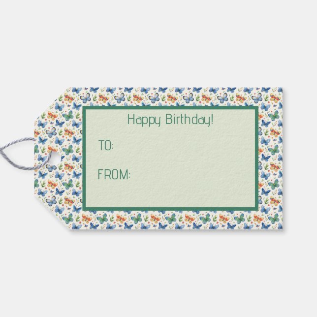 Grüngelbe blaue Schmetterlinge und Blume Geschenkanhänger (Rückseite Horizontal)
