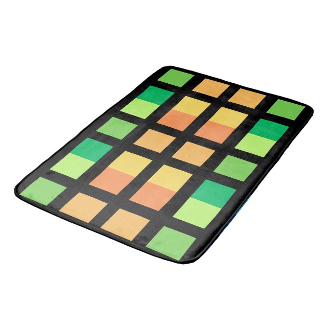Grüngelbe Minimalquadrate Badematte (Schrägansicht)