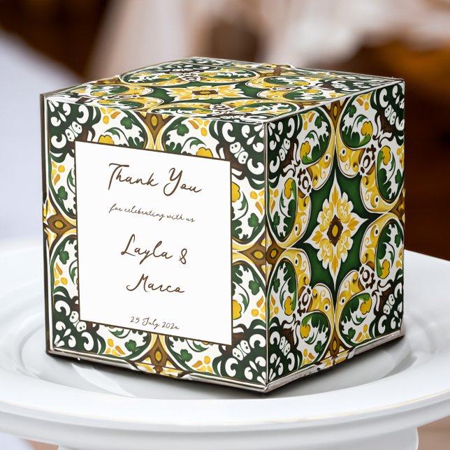 Grüngelbe Vintage Talavera-Kachelhochzeit Geschenkschachtel (Green yellow vintage Mediterranean Talavera Azulejo tile personalized printed wedding Favor Boxes )