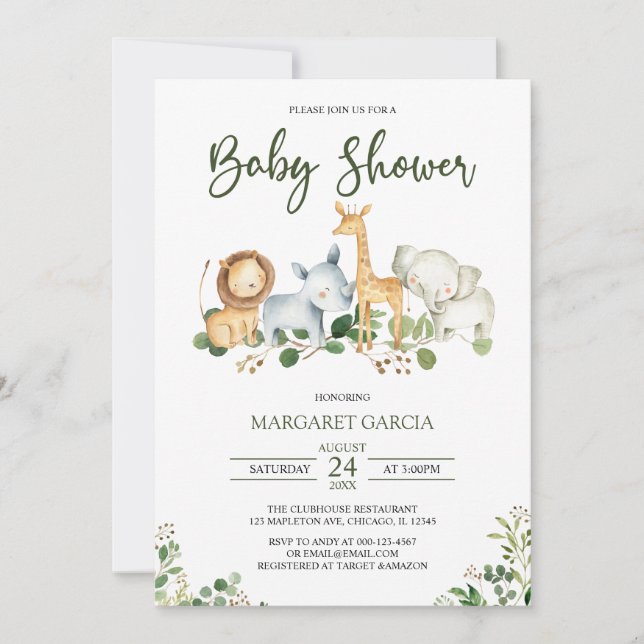 Grüngeschlechtsneutral Jungle Safari Baby Dusche Einladung (Vorderseite)