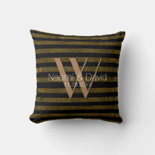Grungish Gold Glitter und schwarze Streifen Monogr Kissen