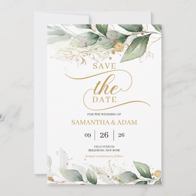 Grüngold Blätter Eukalyptus Save the Date Einladung (Vorderseite)