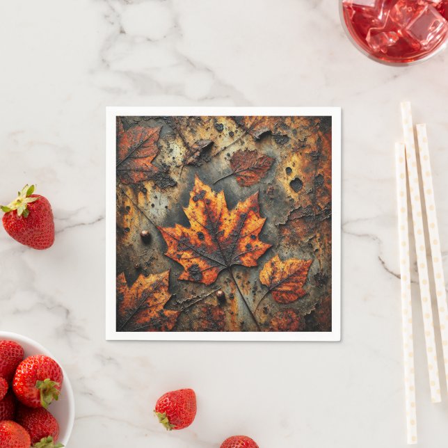Grungy Autumnal-Blätter auf Rusty Metal Decoupage Serviette (Beispiel)