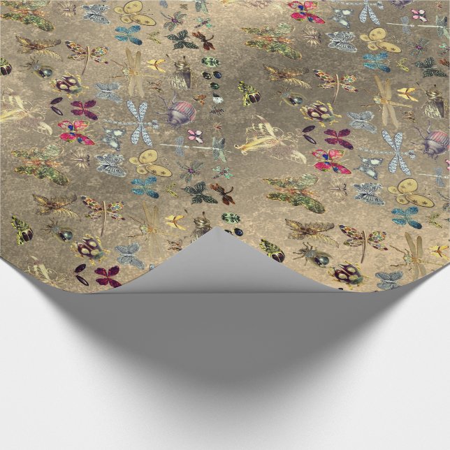 Grungy Gold Meadow Butterfly Insekten Gems Diamond Geschenkpapier (Ecke)