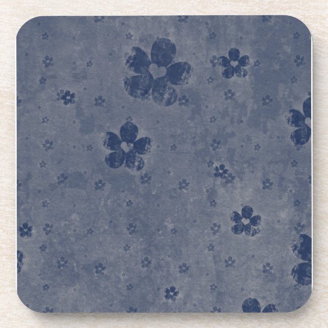 Grungy Hearts und Blume in Blau Untersetzer (Vorderseite)
