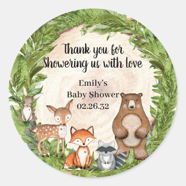Grünholz Slice Wald Tiere Baby Dusche Runder Aufkleber (Vorderseite)